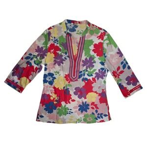 Boden Women Floral Print Tunic Top Multi-Color Split V-Neck 3/4 Sleeve US 6